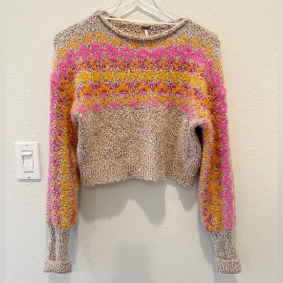 FREE PEOPLE Snowflake Sweater size XS Pink‎ Pullover Cropped Slouchy Fall Winter - Picture 2 of 7